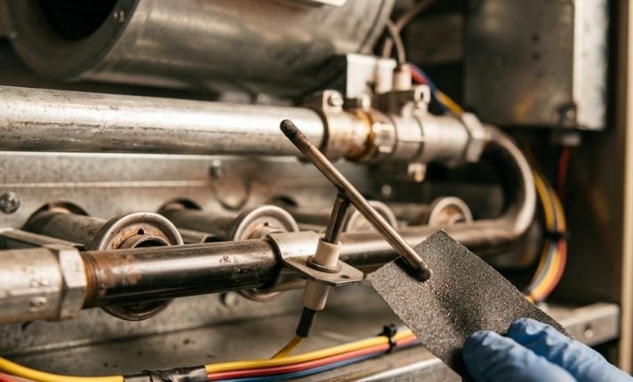Furnace Blowing Cold Air Repair : A zoomed-in macro view inside an open furnace unit showing a technician's hand using fine emery cloth to clean the metal rod of a dirty flame sensor, providing a precise furnace blowing cold air fix for Escondido homeowners.