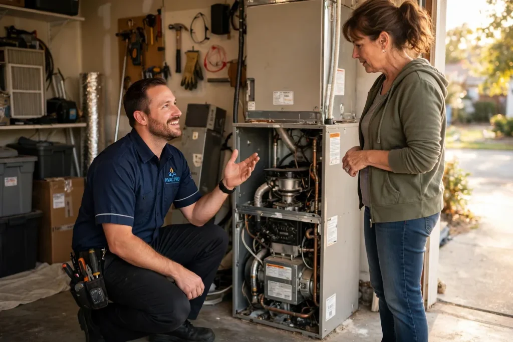 Furnace technician explaining repair findings to a homeowner in Escondido